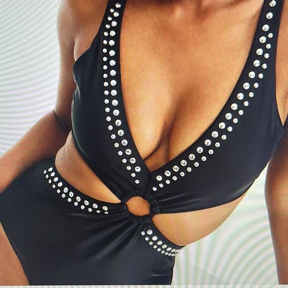 New! Bar III Tell Me About It Stud One-Piece Swimsuit Black Size Large - Picture 3 of 12